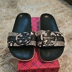 Tory Burch Black and Tan Slide Sandals